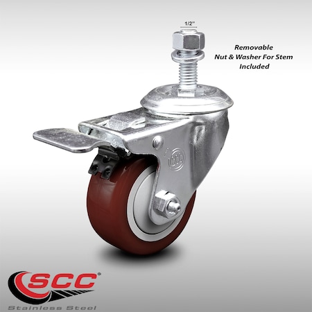 Service Caster 3 Inch SS Maroon Polyurethane 1/2 Inch Threaded Stem Caster with Total Lock Brake SCC-SSTSTTL20S314-PPUB-MRN-121315